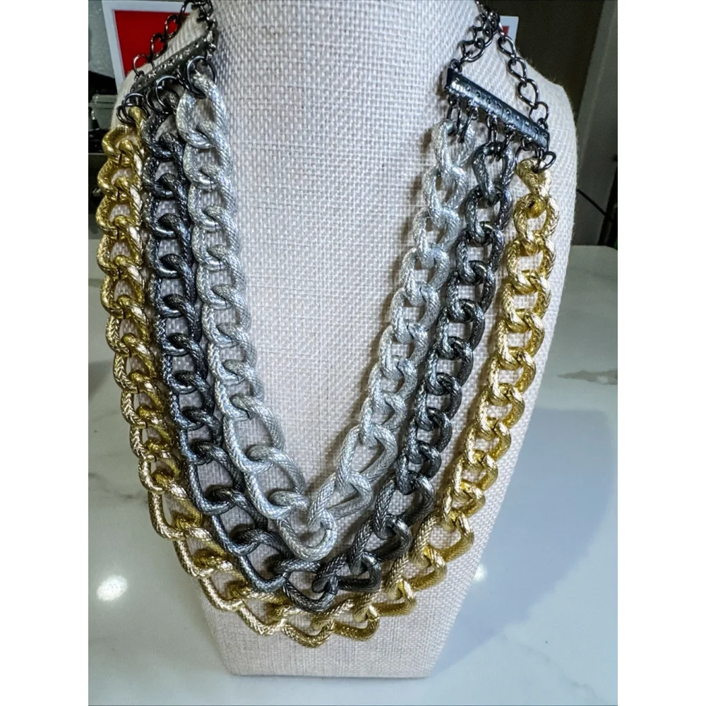 Bright, Gold, Silver, Black Triple Chain, 22 Inches - Picture 2 of 7